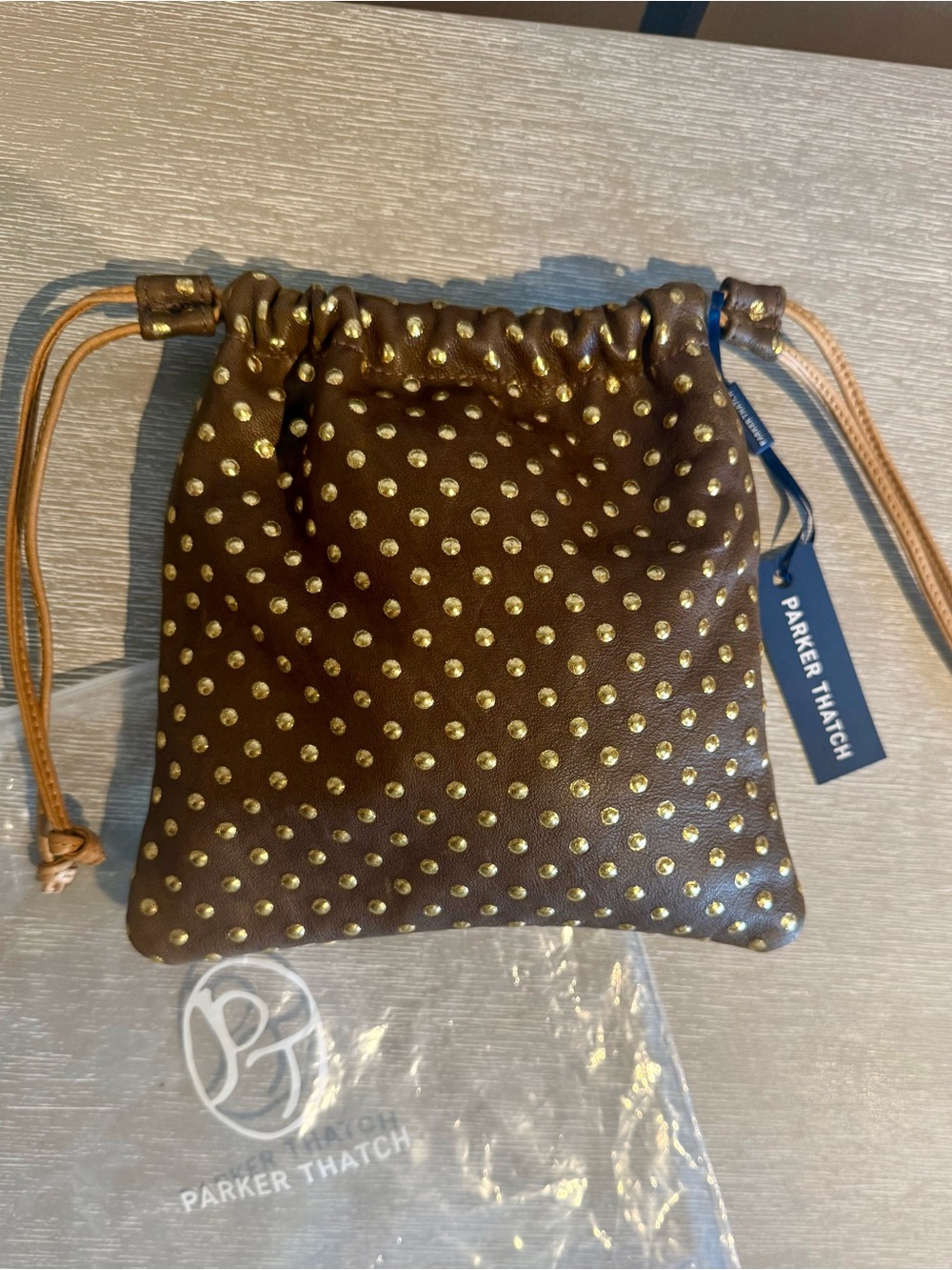 NWT‼️Parker Thatch Brown Leather Drawstring Pouch w/embossed Gold Dots